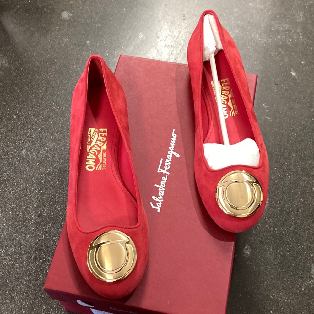 Salvador ferragamo red suede flats with gold hardware size 7.5